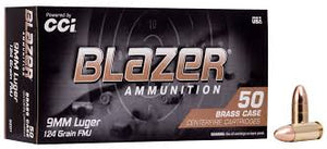 Ammunition: CCI Blazer Brass Ammo 9MM LUGER 124gr FMJ Box of 50 (5201)