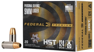 Ammunition Handgun: FEDERAL PERSONAL DEFENSE: 9MM, 124GR, HST, BOX OF 20 (P9HST1S)