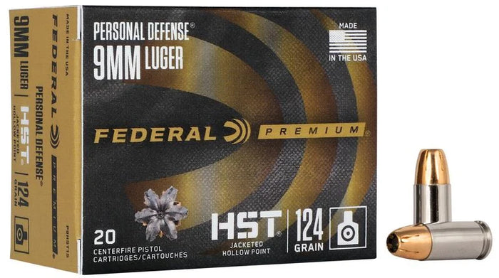 Ammunition Handgun: FEDERAL PERSONAL DEFENSE: 9MM, 124GR, HST, BOX OF 20 (P9HST1S)