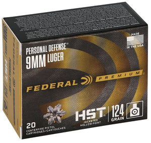 Ammunition Handgun: FEDERAL PERSONAL DEFENSE: 9MM, 124GR, HST, BOX OF 20 (P9HST1S)