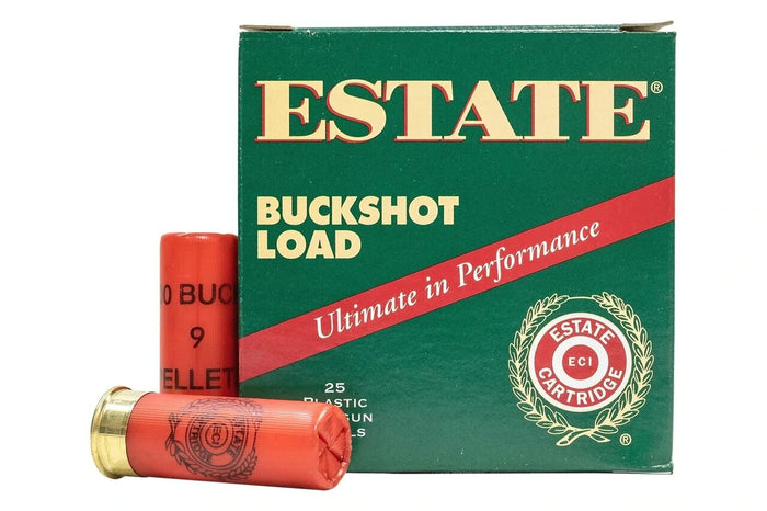 Ammunition Shotgun: Estate 12 Ga, 2 3/4", 00 Buckshot, 9 Pellets, 25 Rounds